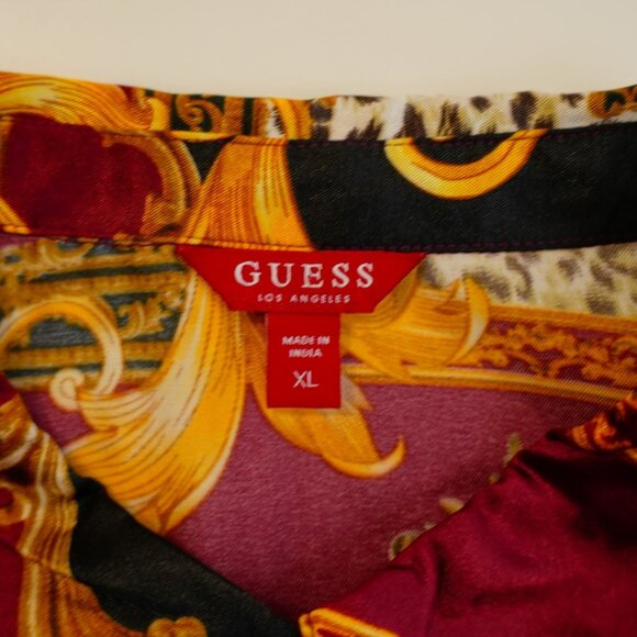 Guess XL Red Yellow Shiny Polyester Collared Button Front Top Shirt Baroque Long - Picture 8 of 9